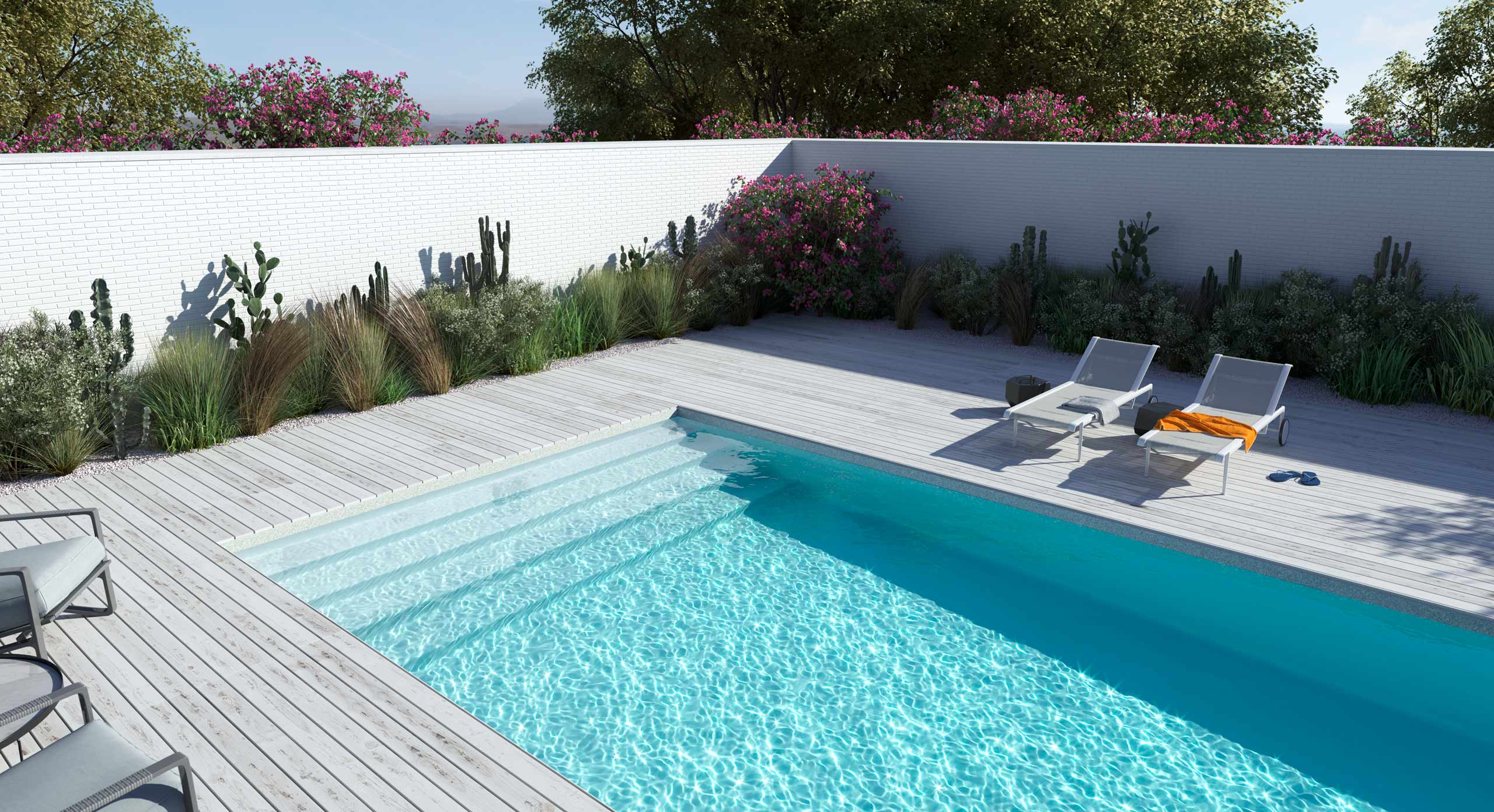 White inground fiberglass pool with wood deck and lounge chairs